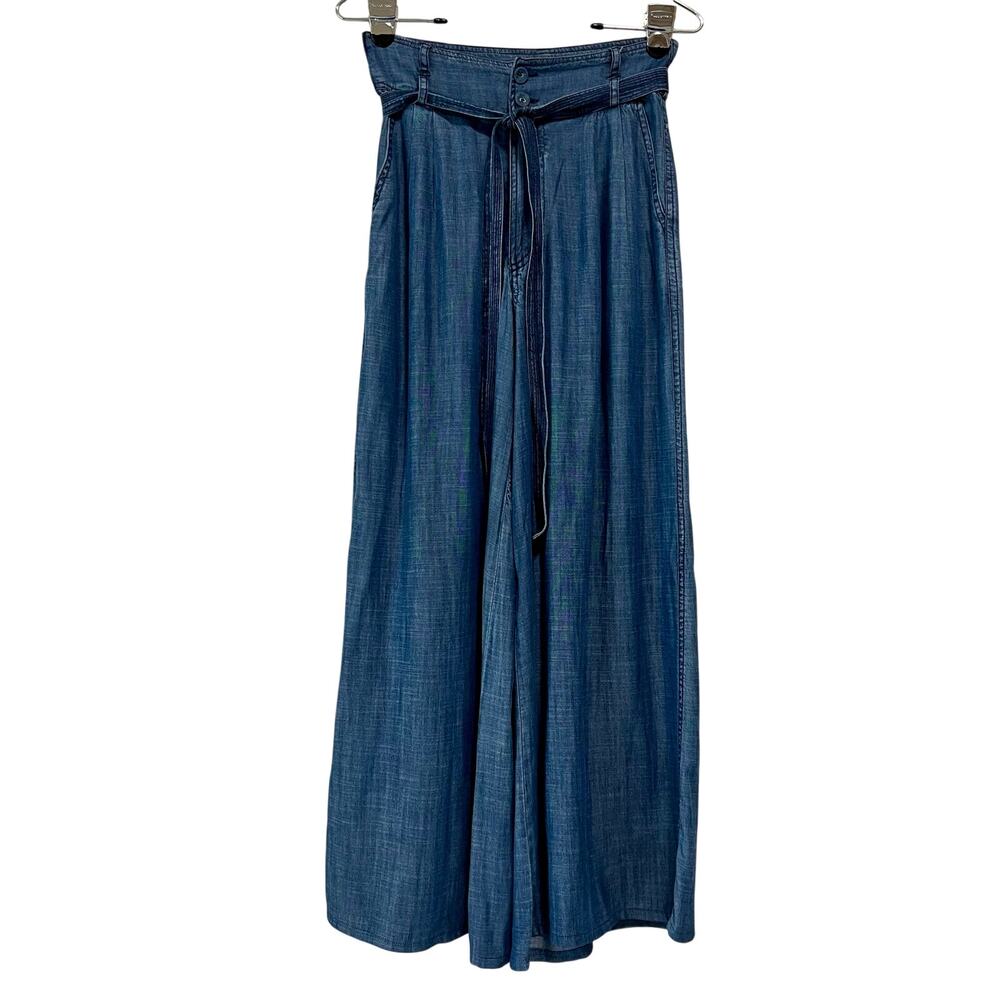 Pilcro Anthropologie Wide Leg Chambray Pants Tie Waist High Rise Lyocell Size 24